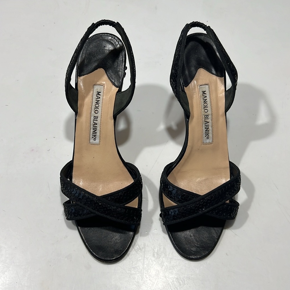 Manolo Blahnik Black Sequin Kitten Heels Sandals Stiletto Sz 37.5 7.5 - Picture 3 of 8